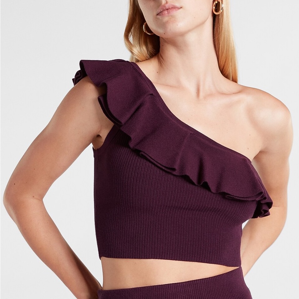Express Dark Purple Body Contour Ruffle One Shoulder Cropped Sweater Tank Size M